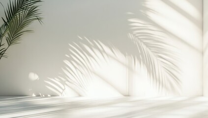 Wall Mural - For a modern minimalist mockup backdrop, an empty abstract background in shades of neutral gray, highlighted by the shadows of tropical palm leaves on the wall.