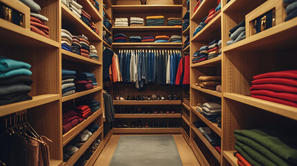 Poster - Modern, well-organized walk-in closet is showcasing neat shelves and racks holding folded garments and shoes