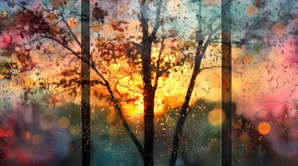 Poster - Monsoon season sunset trees viewed through rain speckled glass pane window with beautiful blend of colors shapes