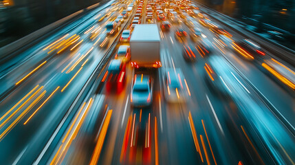 Leinwandbilder - Motion blur effect of a car transporter trailer loaded with numerous cars on a highway