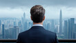 © JK_kyoto - businessman in suit gazes at city skyline from high vantage point, reflecting on opportunities