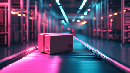 Poster - Neon-lit priority package on futuristic conveyor belt in vibrant warehouse setting