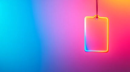 Aufkleber - Neon price tag is hanging on a string with glowing edges and copy space on a gradient background