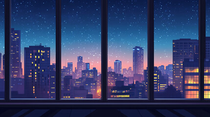 Poster - Nighttime city skyline viewed through large windows, with buildings glowing in warm tones against a deep blue sky