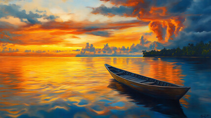 Poster - oil painting on canvas, togian islands indonesia sunset over caribbean sea, dramatic sky, traditiona