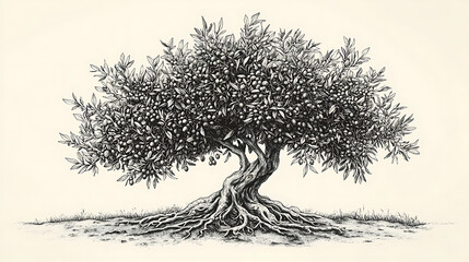 Poster - Olive tree full of ripe olives, set in a serene landscape with intricate root system and foliage sketch engraving raster illustration, scratch board imitation, black and white image