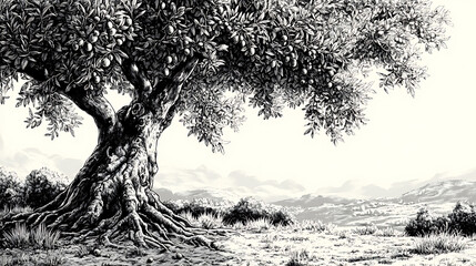 Poster - Olive tree full of ripe olives, set in a serene landscape with intricate root system and foliage sketch engraving raster illustration, scratch board imitation, black and white image