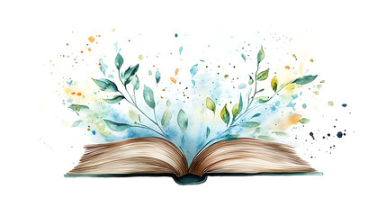 Poster - Open book clipart with pages fluttering in the breeze, , watercolor illustration, perfect for nursery art, simple clipart, single object, white color background