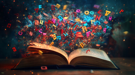 Poster - Open book with flying colorful letters and digits, dyslexia concept