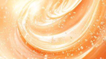 Poster - Orange gel texture background, gold cosmetic transparent cream swirl with bubbles, citrus fruit skincare product closeup