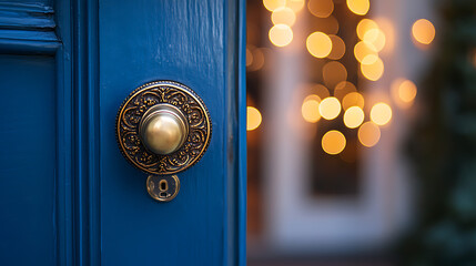 Poster - Ornate brass doorknob on a blue door, bokeh lights in background, concept of entrance