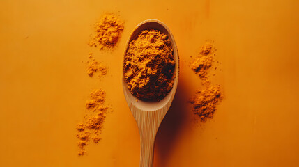 Poster - Overhead view of ground turmeric spilling from a wooden spoon on an orange backdrop, showcasing the spice's rich color and texture