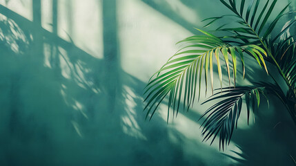 Aufkleber - Palm leaf shadow on a green wall background, olive color stylish flat lay with trendy shadow and sun light