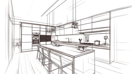 Fototapete - Stylish kitchen with modern furniture drawn in a single line, fully furnished with a kitchen, cooking with all the tools is more enjoyable, comfortable kitchen, graphic illustration