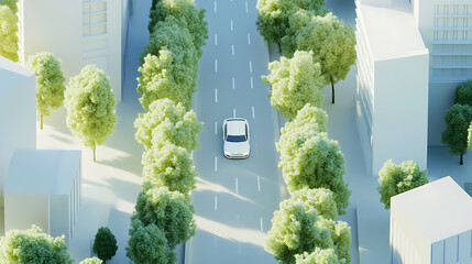 Poster - Stylized minimalist city road with white car surrounded by trees and buildings, 3d illustration
