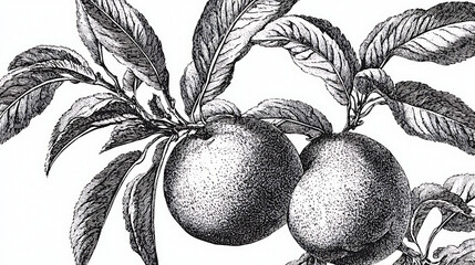 Poster - peach with leaves, drawn in an intricate engraving style sketch engraving raster illustration, scrat