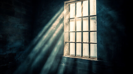 Poster - Sunlight rays streaming through a prison window, illuminating a dimly lit cell and highlighting the sense of isolation