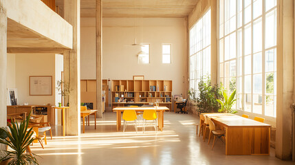 Poster - Sunlit architect's studio: chic co-working space with high ceilings, wooden desk & yellow chairs, inspiring designs in natural light ambiance