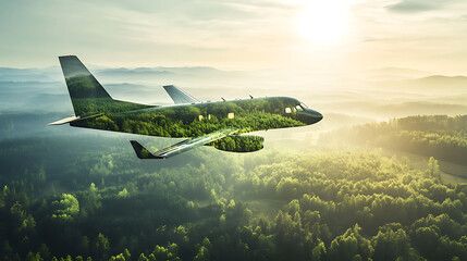 Poster - Sustainable aviation fuel concept of flight running on biofuel green energy, double exposure of an airplane flying over a green forest, aerial view