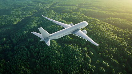 Poster - Sustainable aviation fuel concept of flight running on biofuel green energy, double exposure of an airplane flying over a green forest, aerial view