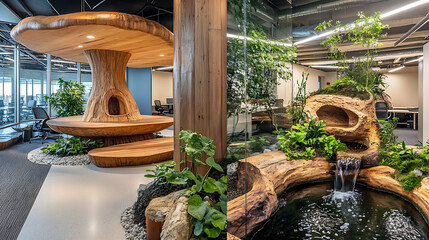 Aufkleber - Sustainable biophilic design in an office setting featuring natural wood, mushroom-shaped structures, indoor greenery, and a tranquil water feature