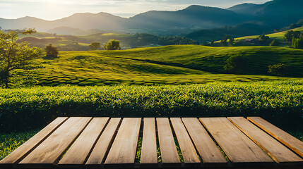 Aufkleber - Tea field green plantation agriculture background top leaf farm landscape pattern drone, organic field mountain green plant tea table view wooden product aerial display farmer
