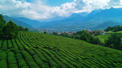 Aufkleber - Tea field green plantation agriculture background top leaf farm landscape pattern drone, organic field mountain green plant tea table view wooden product aerial display farmer