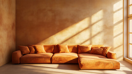 Poster - Terra cotta corner sofa in room with beige stucco walls, minimalist interior design of modern living room