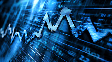 Aufkleber - background is blue, with arrows growing upwards and downwards on the stock chart, conveying growth in business performance