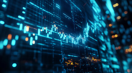 Aufkleber - background is blue, with arrows growing upwards and downwards on the stock chart, conveying growth in business performance