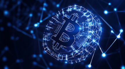 Poster - blockchain technology futuristic hud background features a globe and a blockchain polygon peer to peer network, global cryptocurrency fintech business banner concept