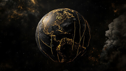 Poster - earth is covered with golden lines on a dark background digital art technology was used with a dark gold and black color scheme