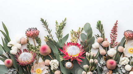 Poster - image features a flat lay floral arrangement of mostly australian natives, including proteas, banksias, kangaroo paw eucalyptus leaves and gum nuts on a white background