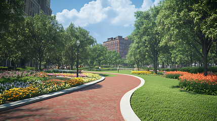 Poster - green space of the park features grass, flowers and trees on both sides of a curved brick road leading to downtown