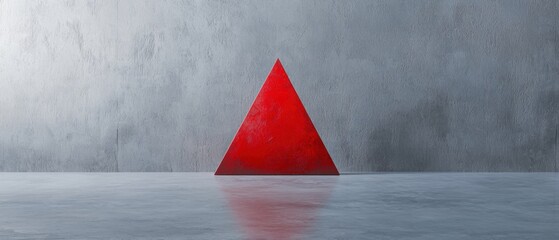 red triangle standing in front of a gray concrete wall. the triangle is in the center of the image a