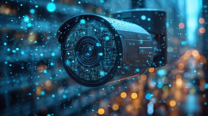 Poster - CCTV security camera monitoring urban streets on a rainy evening to enhance public safety