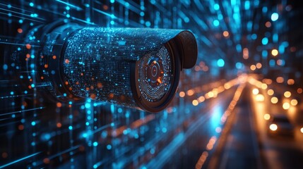 Poster - Demonstration of a modern security camera capturing data transmission on a busy city street at night