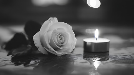 Aufkleber - Poignant black and white image capturing a single white rose beside a flickering tealight candle, symbolizing mourning and respect