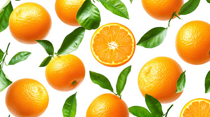 Poster - Playful oranges and leaves seamless pattern on a white background, perfect for cheerful, citrus-inspired designs and lively branding