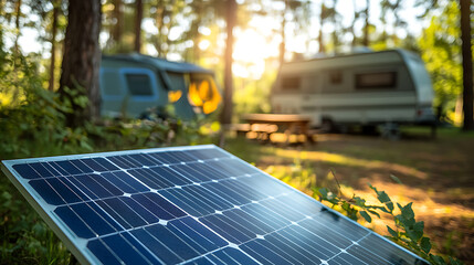 Aufkleber - Portable solar panel in the foreground, with a blurred camping area and rv in the background, demonstrating sustainable energy use in a serene forest setting