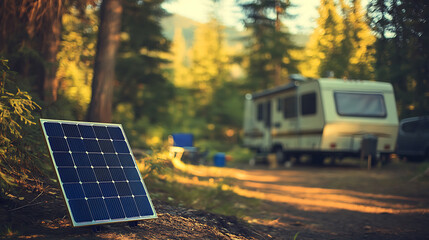Aufkleber - Portable solar panel in the foreground, with a blurred camping area and rv in the background, demonstrating sustainable energy use in a serene forest setting
