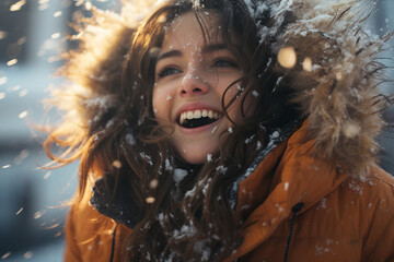 Wall Mural - portrait of a young woman snowstorms_intensity_with_its_swirling_