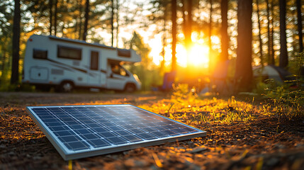 Aufkleber - Portable solar panel in the foreground, with a blurred camping area and rv in the background, demonstrating sustainable energy use in a serene forest setting