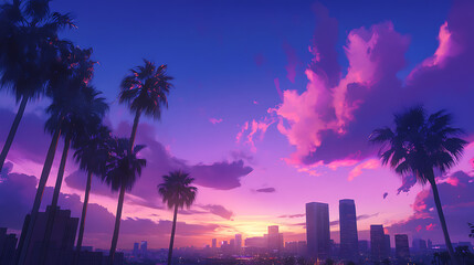 Poster - purple blue sky with palm trees, sunset