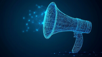 Poster - megaphone, low poly wireframe marketing blue background or concept with hand loudspeaker