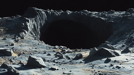 Aufkleber - Huge cave, crater on the moon's surface, with rocks scattered around it and a dark hole at its center