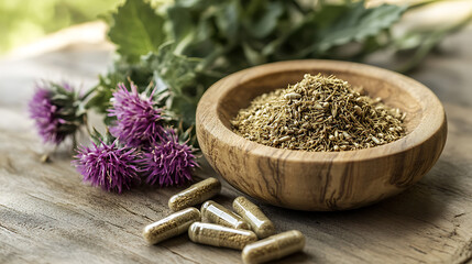 Poster - Milk thistle plant lying on a table next to an olive wood bowl containing ground thistle and capsules