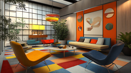 Fototapete - Mid century, scandinavian interior design of modern living room with colorful multicolored furniture