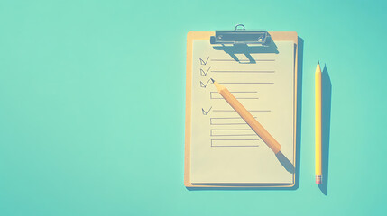 Poster - Minimalist composition featuring a clipboard with a completed checklist next to a pencil, set against a soft pastel blue backdrop