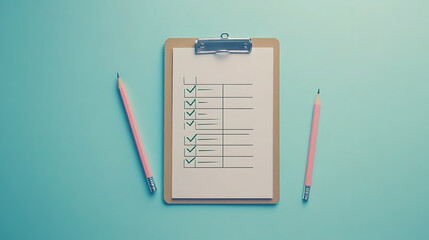 Poster - Minimalist composition featuring a clipboard with a completed checklist next to a pencil, set against a soft pastel blue backdrop